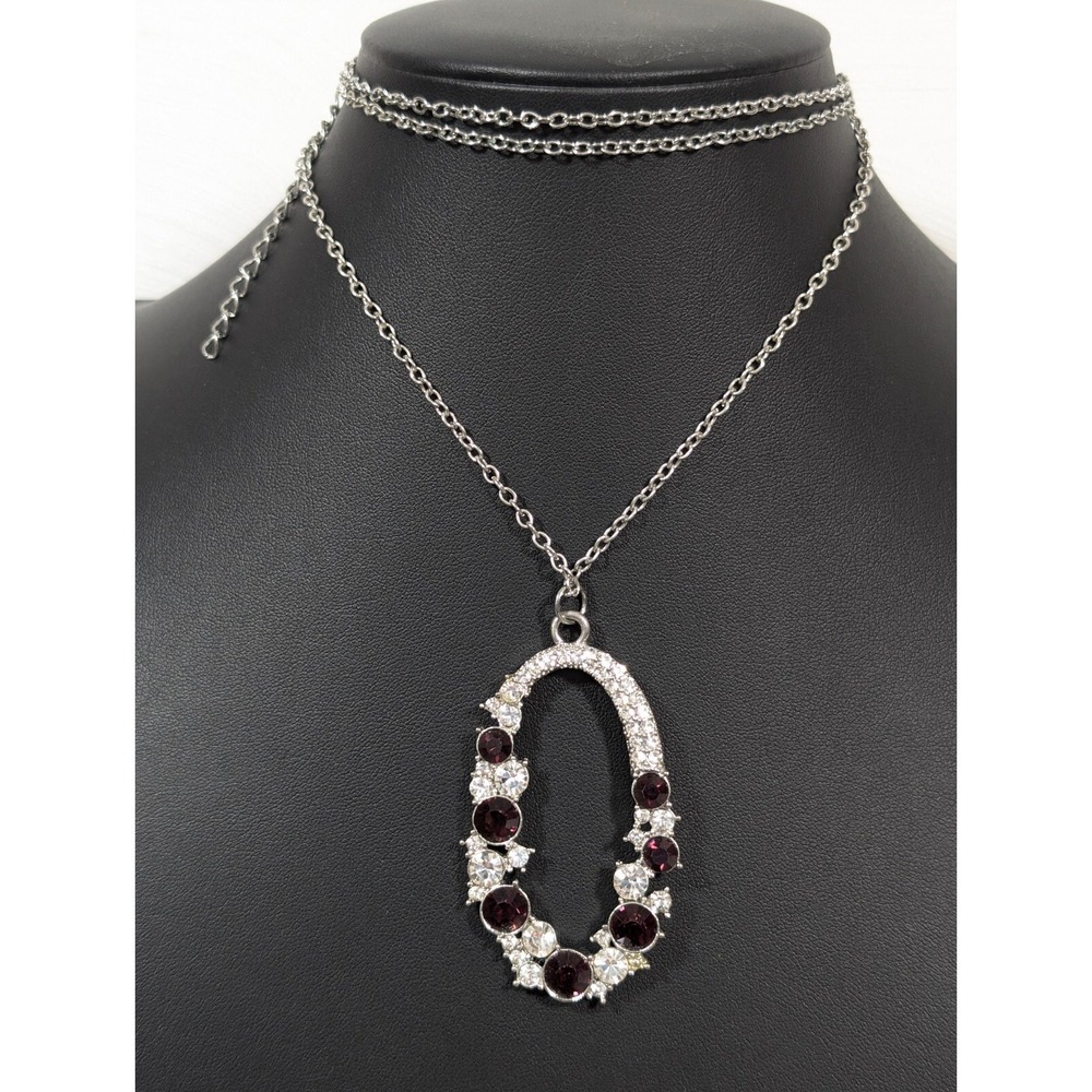 Purple Rhinestone Large Oval Pendant Long Chain Necklace Chic 38 in